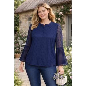 Isaac Mizrahi Navy Textured Dot Blouse 18W Pleated Bell Sleeve Plus Size NWOT